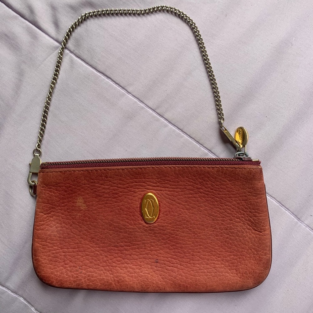 Authentic Cartier Must Line Bordeaux Leather Small Pouch with chain